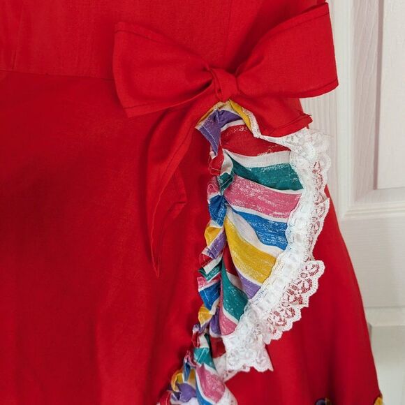 Vintage Rockmount Ranch Wear Dress - 16 - Red & Rainbow w/ Ruffles, Bows, Lace - Picture 13 of 15